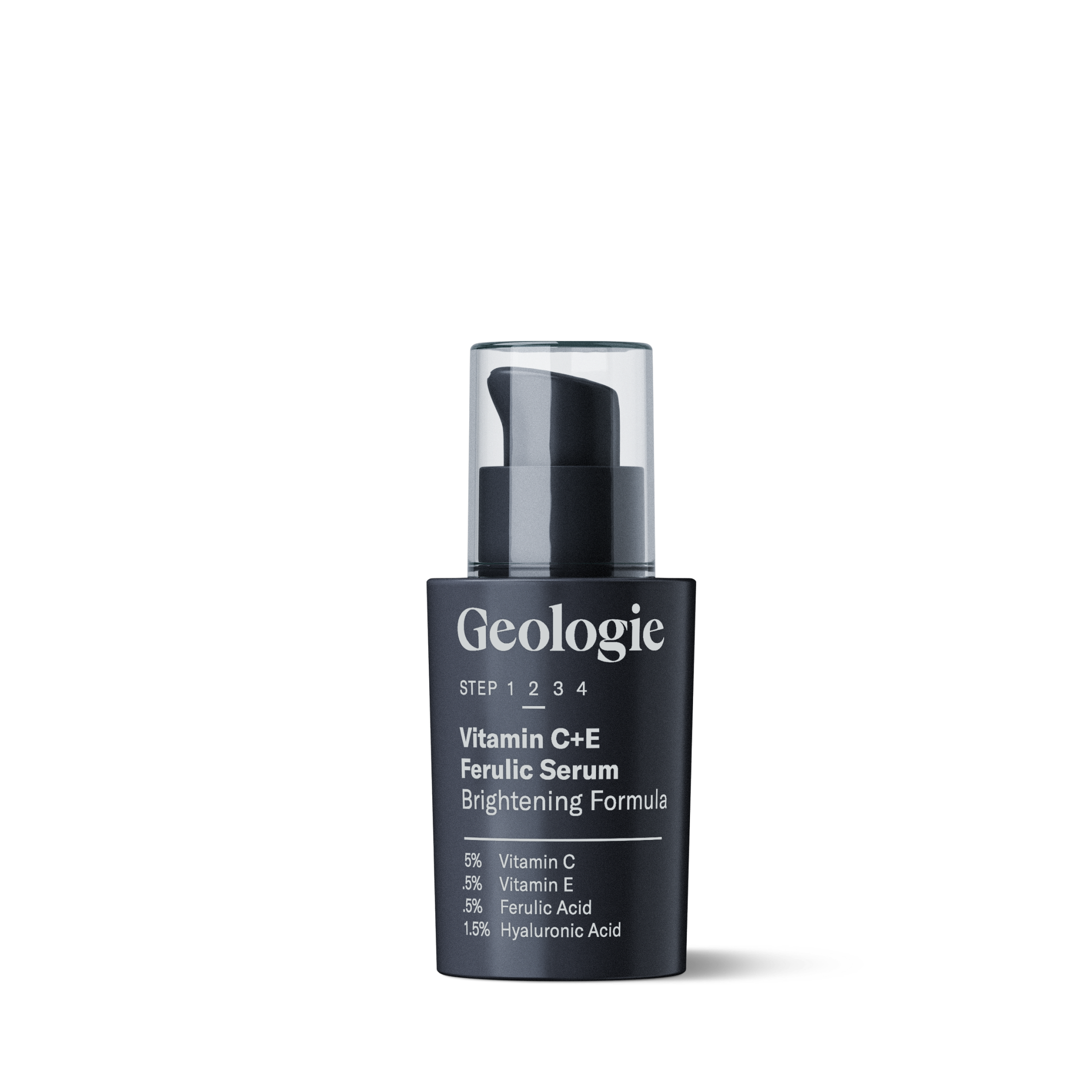 A bottle of Geologie's Vitamin C+E Ferulic Serum on a black background.